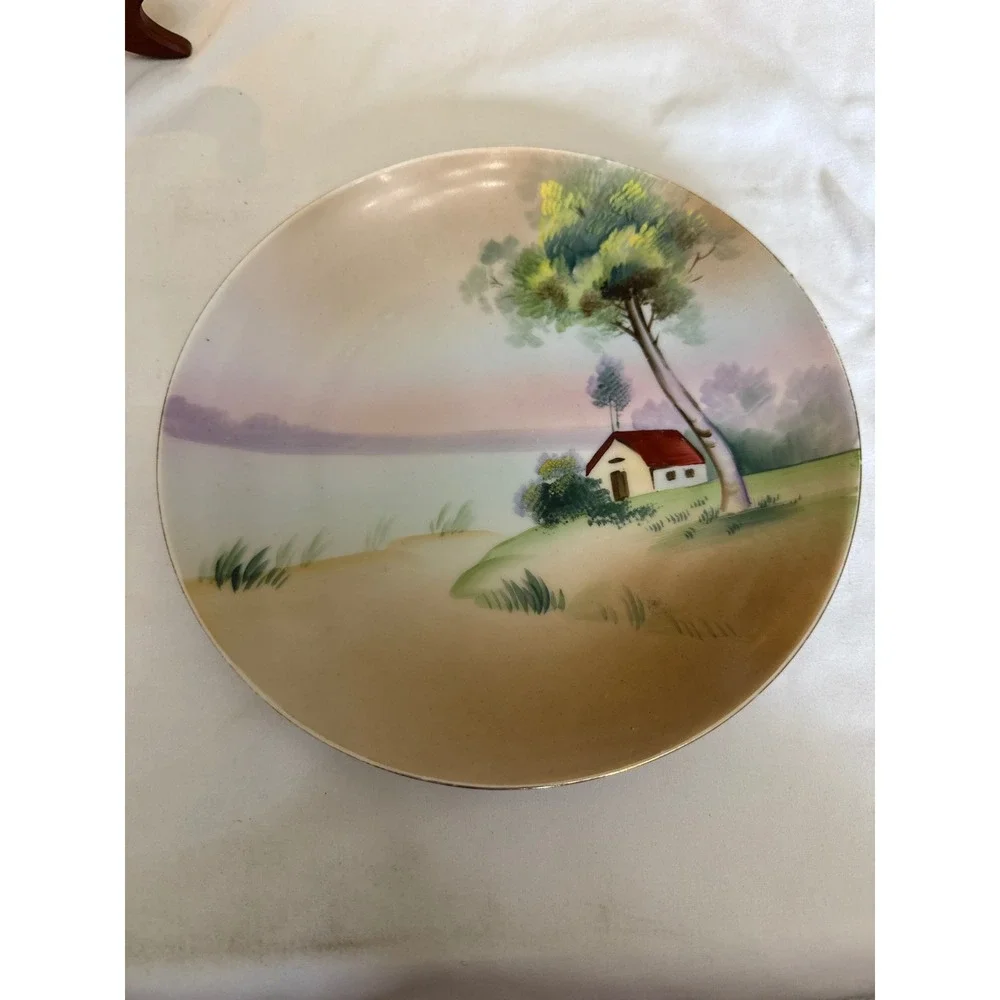 Meito China Hand Painted Landscape Plate Cottage Scene Japan 7.75in Vintage